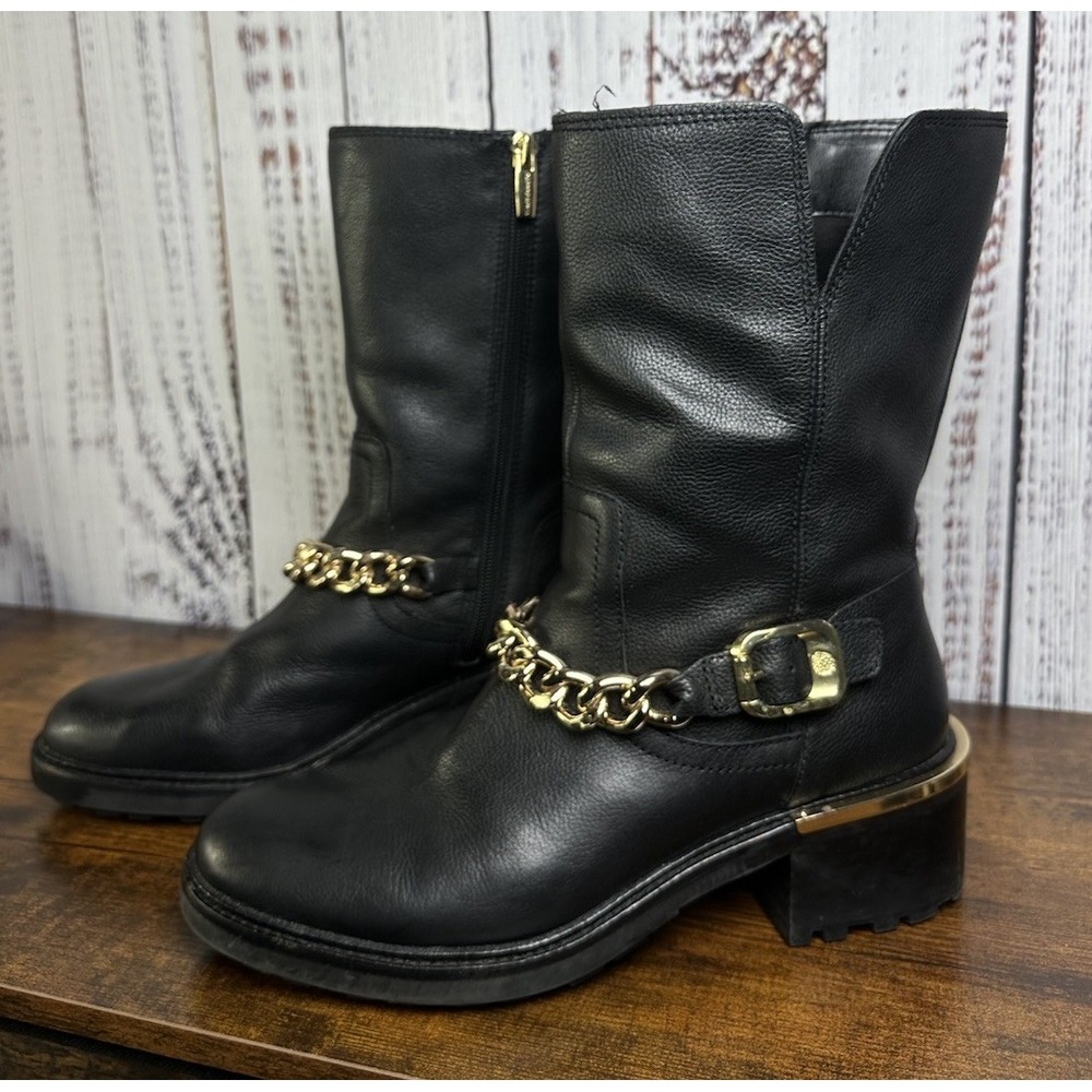 Vince Camuto Keshilla Gold Chain Black Chunky Heel Boots Classic 8.5M Zipper